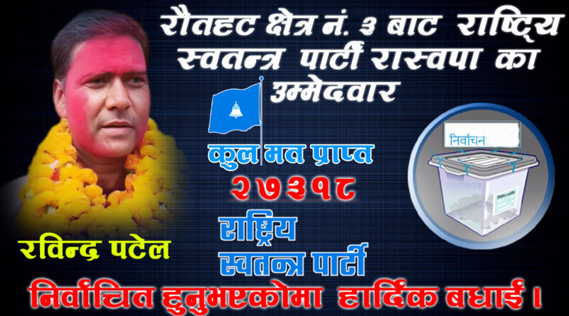 रौतहट–३, २०८२ २७,३१८ मतसहित रविन्द्र पटेल विजय