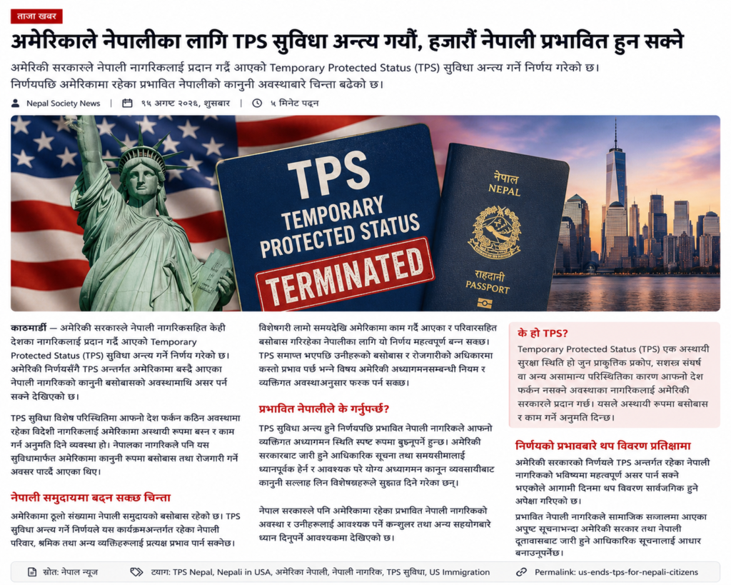 अमेरिकाले नेपालीका लागि TPS सुविधा अन्त्य गर्यो, हजारौँ नेपाली प्रभावित हुन सक्ने